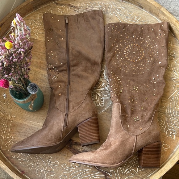Tan  Suede Embellished Knee-High Boots - Picture 1 of 16